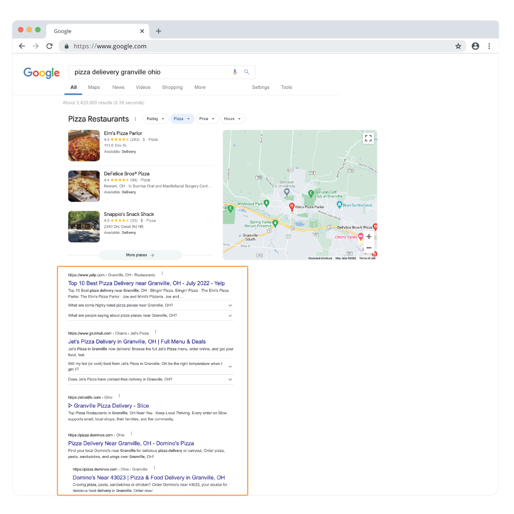 Search results on google