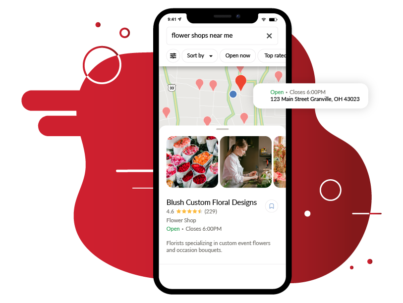 floral local listing and map on mobile device