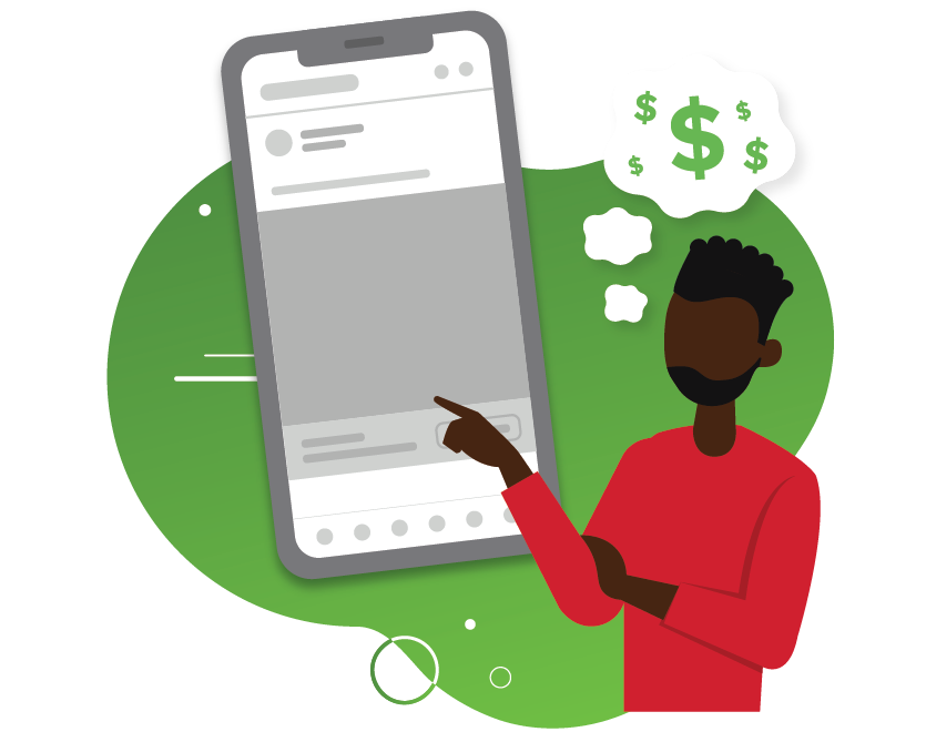 man pointing to an advertisement on phone thinking about dollar signs