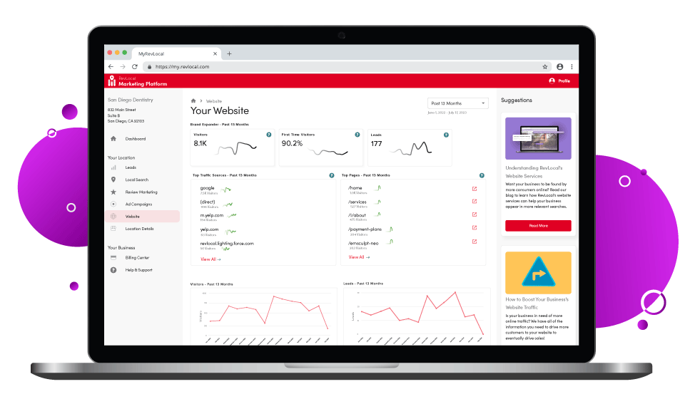 Example website analytics in RevLocal marketing platform