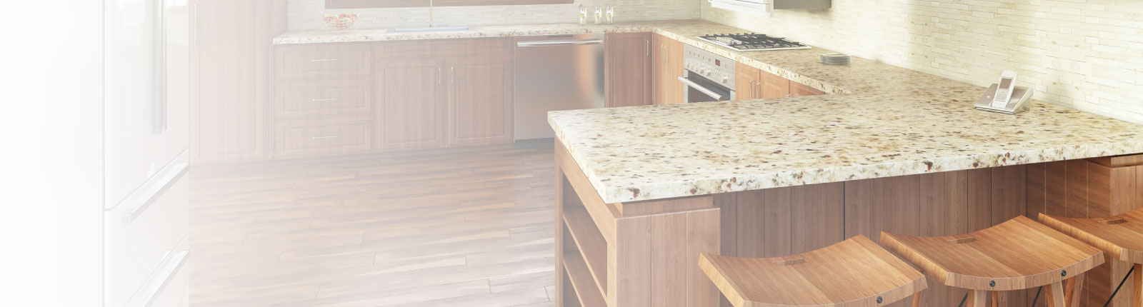 brown flooring and granite countertops in a kitchen