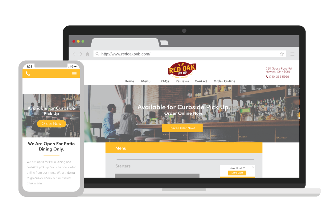 Red Oak Pub website on laptop and iphone